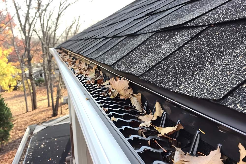 Autumn leaves in gutter guard, roof, home exterior