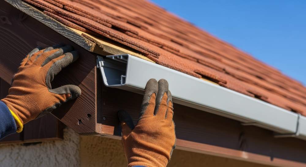 Worker gloved hands installing a new grey rain gutter on the edge of a house roof with red shingles under a clear blue sky.